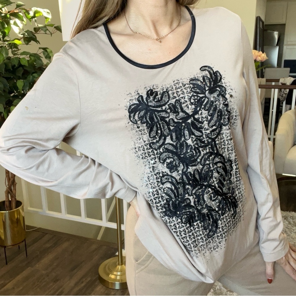 Gerry Weber Vintage Long Sleeves Round Neck Embroidered Front Top Shirt Tan L - Picture 5 of 12